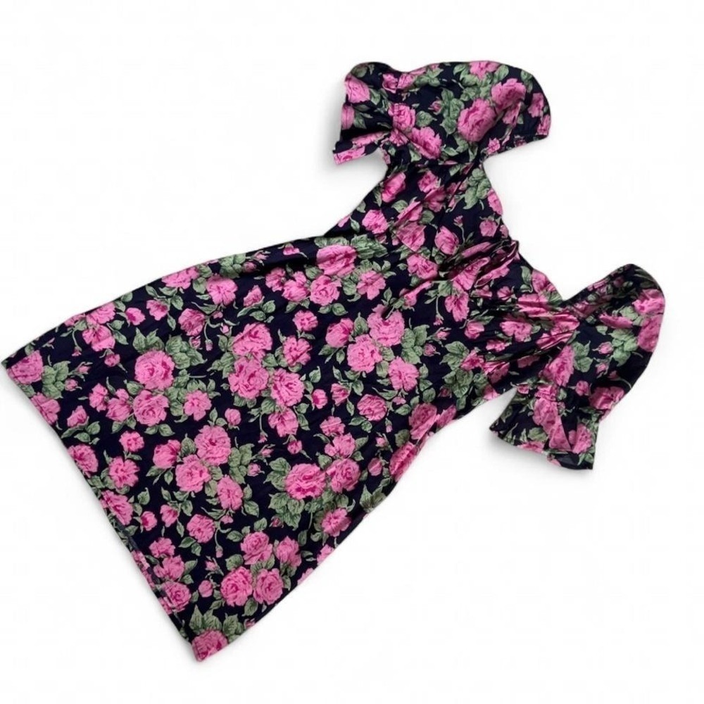 Black pink rose floral cotton puff sleeve mini dress size M coquette romantic